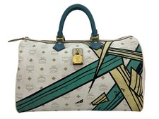 MCM Boston Bag 40 Henkeltasche Handtasche Weiß LogoPrint Weekender Tasche Duffle