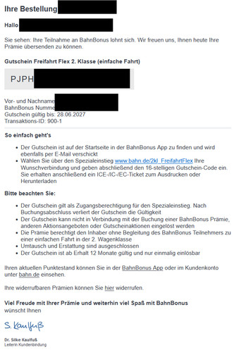 Gutschein freifahrt - db,