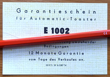 Garantieschein für  Automatic - Toaster  E 1002 ,  DDR , 14. 04. 1975