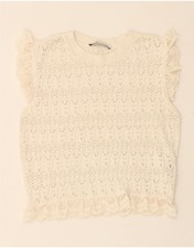 ZARA Damen ärmellos Häkel Bluse Top UK 12 Medium cremeweiß Baumwolle BZ11