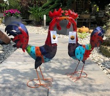 Gartenfiguren große Tiere - Hahn & Huhn bunt handgefertigt Metall Gartendeko