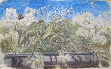Aquarell Karl Adser 1912-1995 Blick in den Garten mit Schmetterling Schwalben