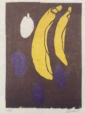 Holzschnitt A.Büssow 2003 Lila-Gelb handsignierte Original Grafik Druck Auflage