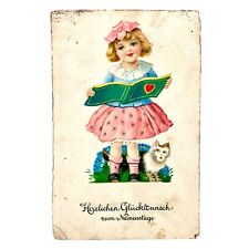ANTIKE POSTKARTE 1926 Rosa Perlenketten Mädchen Pink Kleid Katze Poesie Album AK