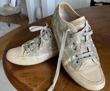 Candice Cooper, Gr. 39, beiges Leder und Canvas mit grünschimmernden Pailletten