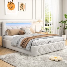 140x200 Polsterbett Doppelbett mit LED Hydraulisch Stauraumbett mit Lattenrost