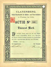 CLARENBERG AG Frechen Köln hist. Kohle Aktie 1894 Rheinbraun BraunKohle Bergbau