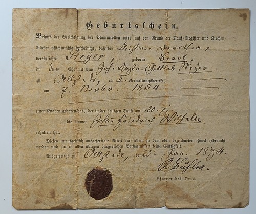 Geburtsschein 1854