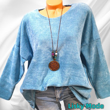 Italy Damen Sweatshirt Basic mit Kette Velour Optik kuschlig hell  Blau 40 42 44