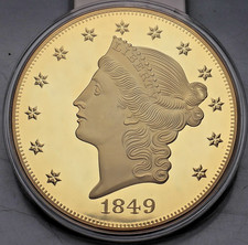 GIGANT-MEDAILLE: 20 $ 1849 LIBERTY HEAD DOUBLE EAGLE, Cu vergoldet, PP, 376g C17