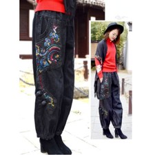 Damen Ethnisch Denim-Hose Blumenmuster Stickerei Gummibund Jeans Locker Hose