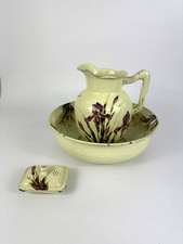 Antike Waschgarnitur Blech Kanne Schale Seife Bemalt Karaffe Krug Set Jugendstil