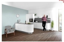 Einbauküche ELEMENTA LUMOS Musterküche grifflos weiss Hochglanz Arcadenschränke