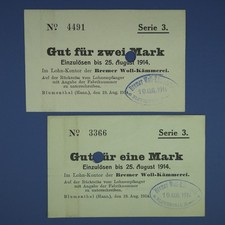 2x Bremer Woll-Kämmerei Blumenthal: 1 + 2 Mark 19.8.1914