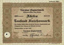 VARZINER Papierfabrik 1938 Hammermühle Varzin Kepice Köslin Schlesien 1000 RM
