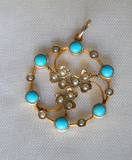 Unikat Edwardian Anhänger aus 375er (9K) Gold mit Türkisen und Saatperlen