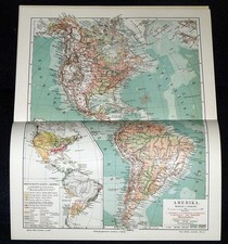 AMERIKA Landkarte Wirtschaft 1909/10 30,5x24cm MEYERS Konversationslexikon 6. Au