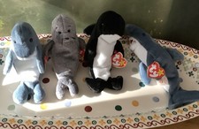 TY BEANIE BABY BABYS Paket 4 Crunch Hai, Echo Delfin, Wellen, Slippery Seal
