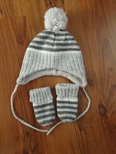 Süße Bommel-Babymütze mit Handschuhe, grau, H&M, Gr. 62/68, Super Zustand