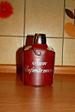 Taschenflasche Flachmann Glas 0,33 Li Ledereinfassung  "Zum Aufwärmen" vintage