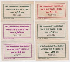 6 Banknoten 5Pf. bis 1 Mark DDR LPG Geld "Freundschaft" Forst-Noßdorf  (152005)