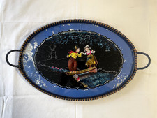 altes ovales Tablett aus Holz mit Glasplatte und 2 Griffen 40x27 cm