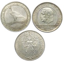 Weimarer Republik Lot 3 x 3 Reichsmark Hindenburg, Meissen, Rheinland-Räumung