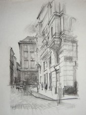 Straßenszene - Nachlass Hans Strohofer - Kohle-Zeichnung Architektur Genre 1935