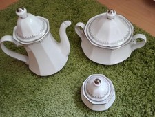 Porzellan Kaffeekanne, Terrine & Zuckerdose weiß/silber, Winterling