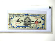 A. WARHOL: 5$ echte Dollarnote  in Farbe schwarz Original SIGNIERT VON WARHOL