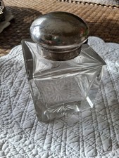 altes schweres Bleikristall Tintenfass mit versilbertem Deckel