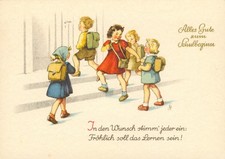 Glückwunsch zum Schulanfang, Kinder mit Schulranzen, DDR Künstler-Postkarte 1955