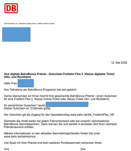 Gutschein freifahrt flex - db,