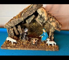 Krippe Weihnachten Xmas Deko Jesus Maria Josef Schaf Holz VINTAGE