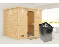 Massivholzsauna Karibu Coral inkl. 9 kW Ofen u.integr.Steuerung mit Dachkranz un