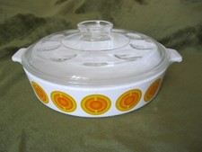 Vintage Pyroflam Auflaufform, Auflaufschale Glasdeckel 70er Jahre orange Kreise