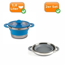 2er-Set Faltbares Kochgeschirr Kochutensilien Camping 1 Liter Topf und Sieb NEU