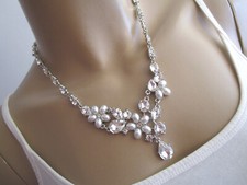 Damen Strass Collier Hals Kette kurz Y Modekette Perlen Silber Statement Braut !