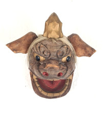 Japan Antique Carved Wood Mask Handmade Vintage ShiShi Lion Dog 12 cm x 22 cm