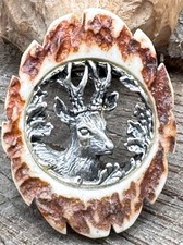 ⚜️  alte Hirschhorn Rose geschnitzt Tuch schieber -silberfarbener Bock  ⚜️