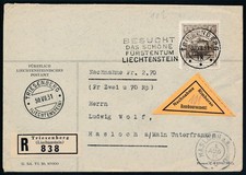 Liechtenstein Mi 105 R-Brief Triesenberg 1931 EF Nachnahme nach Hasloch