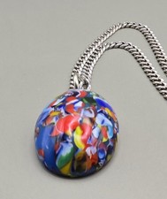 Millefiori Murano Anhänger FBM 925 Silber Textur Kette 45 cm Glas Unikat 80er