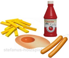 Pommes mit Ketchup, Würstchen und Ei (Holz) für Kinderküche Kaufladen Erzi * Neu