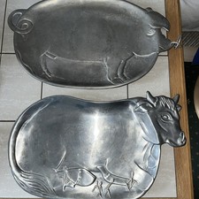 Altes Tablett Metall - Schwein + Kuh 1979 Fleischplatte Vandor Imports 1978 2 x 
