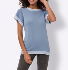 Mode von Heine Damen Pullover Oberteil Rundhals Kurzarm bleu weiß NEU