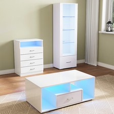 Wohnzimmer-Set mit LED Kommode Vitrinenschrank Couchtisch Weiß Hochglanz Modern