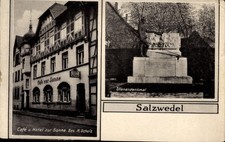 Ak Salzwedel in der Altmark, Café-Hotel zur Sonne, Ulanendenkmal - 10970415