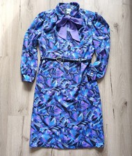 Maxi Kleid langes Winterkleid lang Arm Blau lila Gürtel Schleife vintage Gr. 44