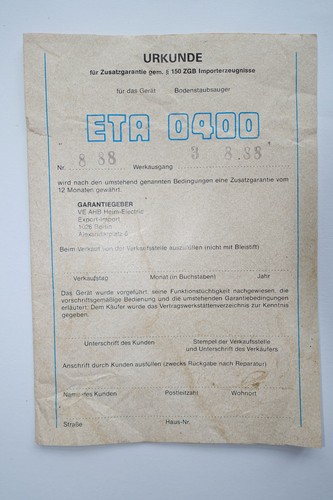 Ddr garantieurkunde für eta - ddr,