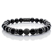 Onyx Armband Bracelet Perlenarmband Beads Kugel schwarz 8mm Edelstahl CZ Steine